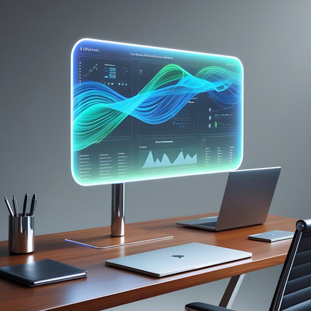 A futuristic holographic display floats above a desk, showcasing dynamic blue and green wave-like data visualizations alongside various charts and graphs. A laptop, a smartphone, and a notebook are placed on the wooden desk, suggesting a modern workspace. The display emits a soft glow, highlighting its advanced technological nature.の素材