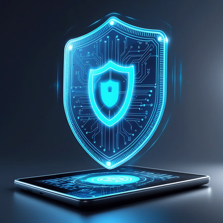 A luminous blue holographic shield, detailed with intricate circuitry and a smaller shield within, emanates from the screen of a tablet. The tablet's display shows a glowing digital pattern. The overall aesthetic is futuristic and technological, with a dark, atmospheric background that highlights the bright, digital elements.の素材