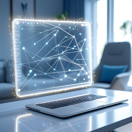 A luminous, transparent holographic display hovers above a silver laptop. The hologram showcases a dynamic network of interconnected nodes and lines in shades of blue and white, with scattered sparkling lights. The laptop's screen reflects some of this digital information. The setting appears to be a contemporary interior with a chair visible in the blurred background.の素材