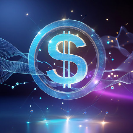 A luminous blue dollar sign is centered within a glowing circular frame. Abstract digital network lines and sparkling particles in shades of blue and purple emanate from the symbol, creating a futuristic and dynamic visual.の素材