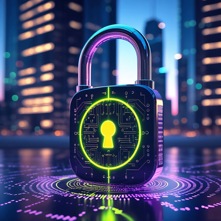 A sleek, dark digital padlock with a vibrant neon green circuit pattern and keyhole is the central focus. It rests on a circular, glowing purple and green digital interface that resembles a data network or energy field. In the background, a blurred cityscape with warm bokeh lights suggests an urban environment at night. The image conveys a strong sense of digital security, data flow, and technological advancement.の素材