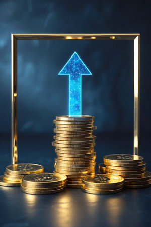 A stack of golden coins is prominently displayed, topped with a vibrant, glowing blue arrow pointing upwards. The arrow is composed of small sparkling particles, suggesting digital or abstract growth. The coins are arranged in varying heights, with more coins scattered in the foreground. A golden rectangular frame surrounds the central stack and arrow. The background is a dark, textured blue with subtle smoky or cloudy elements.の素材