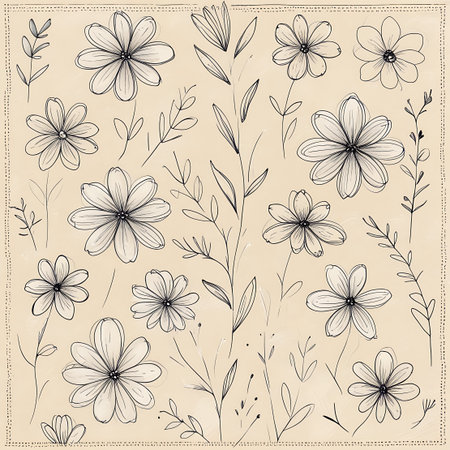 A decorative arrangement of hand-sketched flowers and leaves is presented on a light beige or cream background. The artwork is rendered in a delicate black outline style, with subtle shading adding depth to the petals and leaves. The composition includes various types of flowers, some fully open and others in bud, along with slender stems and small foliage. The overall aesthetic is artistic, vintage, and organic, suitable for decorative purposes.の素材