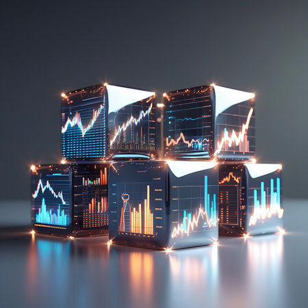 A cluster of six translucent cubes is arranged in two rows, each cube displaying financial stock market graphs and charts. The graphs feature glowing orange, blue, and yellow lines and bars. The edges of the cubes are highlighted with bright, glowing points of light, suggesting energy or data transfer. The composition is set against a dark, reflective surface.の素材