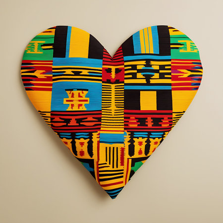 A heart-shaped object, appearing to be a pillow or cushion, is presented against a neutral background. The surface is covered in a richly patterned Kente cloth, showcasing a complex arrangement of geometric shapes and lines in vivid colors like red, yellow, blue, green, and black. The texture of the woven fabric is evident, highlighting the intricate craftsmanship.の素材