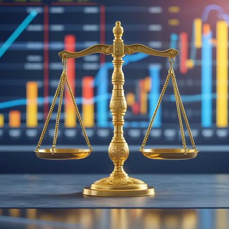 A gleaming golden set of scales of justice stands prominently in the foreground. The scales are balanced, with empty pans on either side. Behind the scales, a blurred background displays a vibrant financial stock market data chart with colorful bars and lines, suggesting a connection between law and finance.の素材