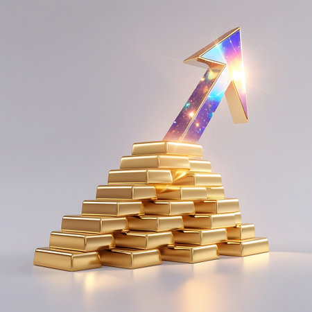A vibrant, multi-colored arrow, filled with a galaxy-like pattern, is rising from the top of a meticulously stacked pyramid of gold bars. The gold bars are polished and reflect light, creating a sense of immense value and wealth. The arrow's ascent signifies growth, success, and ambition against a backdrop of financial prosperity.の素材