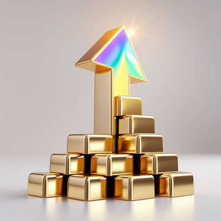 A golden arrow with an iridescent, holographic head rises from the apex of a pyramid formed by stacked golden cubes. The object is presented against a neutral, softly lit background, emphasizing its metallic sheen and upward momentum.の素材