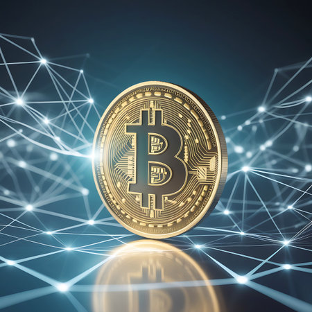 A detailed golden Bitcoin coin, showcasing its embossed "B" symbol and etched patterns, is the focal point. It is surrounded by a bright, abstract digital network of interconnected white nodes and glowing blue lines, suggesting a vast, interconnected system. The coin reflects the light from the network, creating a luminous effect on its surface. The background is a dark, atmospheric gradient.の素材