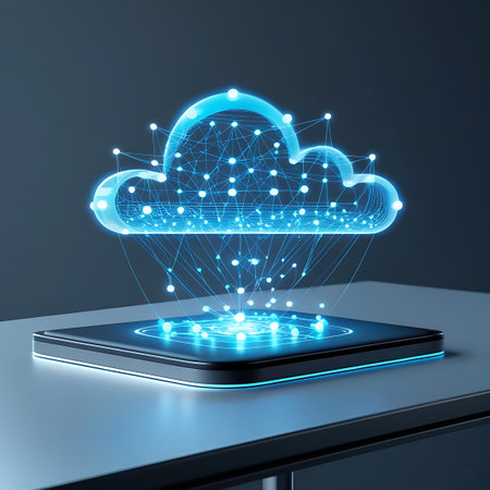 A glowing blue holographic cloud symbol hovers above a sleek, futuristic black device. The cloud is intricately connected by a network of glowing blue lines and white dots, representing data flow and connectivity. The device also emits a bright blue light from its surface, mirroring the network's energy. The background is a dark, gradient blue, emphasizing the luminous elements.の素材