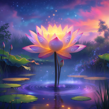A luminous lotus flower, glowing with warm yellow and pink light, floats on a calm pond under a vibrant, starry night sky. The water's surface reflects the celestial spectacle and the flower's inner radiance, creating a mesmerizing and mystical scene. Ripples emanate from the flower, adding to the tranquil and dreamlike atmosphere.の素材