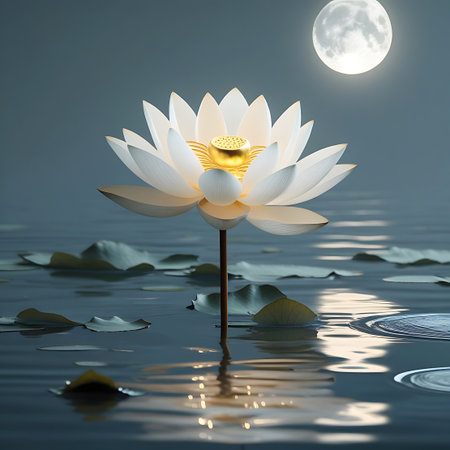 A radiant white lotus flower, its center glowing with a warm golden light, floats serenely on dark water under a bright full moon. The flower's petals are fully open, revealing its intricate details. Water lilies and subtle ripples add depth to the scene, with the moonlight casting a soft, ethereal glow.の素材