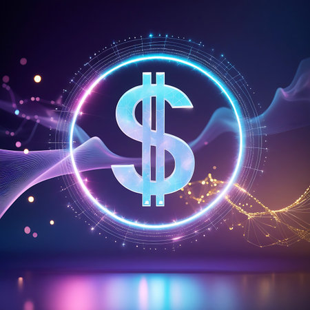 A bright, stylized dollar symbol glows in the center, enclosed by a circular ring of digital circuitry and light. Waves of purple and pink light, along with scattered particles, create an ethereal and technological atmosphere.の素材
