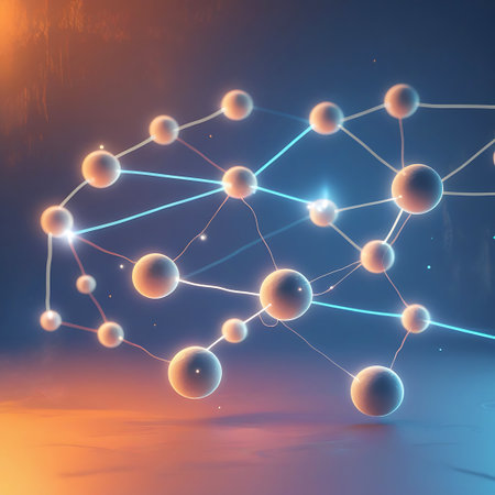 An abstract visualization of a network, this image displays interconnected glowing spheres linked by blue and white lines. The background has a textured, gradient appearance, shifting from a dark blue to a warm orange. Small light particles are visible, suggesting data flow or energy within the structure.の素材