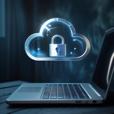 A close-up view of a laptop with a luminous, metallic cloud icon containing a lock symbol floating above the keyboard. The icon is brightly lit with blue light and sparkles, casting a glow on the surrounding dark environment. The image conveys a sense of digital security and data protection.の素材