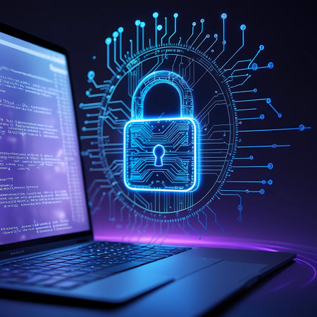 This image features a laptop with its screen filled with lines of code. A prominent, illuminated blue lock icon with a circuit board design is displayed in the foreground, connected by glowing lines and nodes to a circular network pattern. The overall aesthetic is dark and technologically advanced, highlighting digital security.の素材