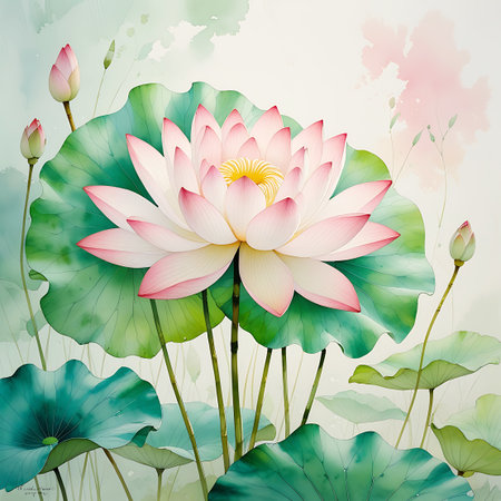 This watercolor artwork showcases a prominent, fully opened pink and white lotus flower with a bright yellow center. Surrounding the bloom are large, textured green lily pads and several slender stems. The background features soft watercolor washes in pastel shades, enhancing the delicate and tranquil atmosphere of the aquatic scene.の素材