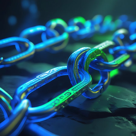 A close-up view of metallic chain links, intricately connected and illuminated by vibrant blue and green neon lights. The metal has a reflective surface, catching the light and creating a sense of depth and texture. The overall impression is one of strength, connection, and advanced technology, with a futuristic and cybernetic feel.の素材