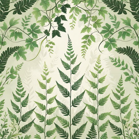 A dense arrangement of various green ferns and delicate vines creates a natural, organic border. The ferns display intricate fronds, while the vines gracefully intertwine, suggesting growth and movement. The background is a soft, muted gradient of light green and beige, allowing the foliage to stand out.の素材