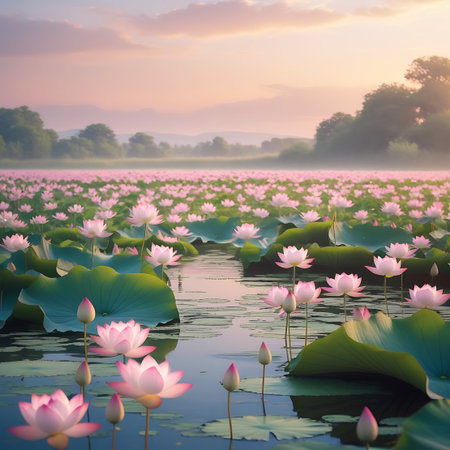 A serene and misty landscape featuring a pond filled with numerous pink and white lotus flowers. The scene is bathed in the soft, warm light of a sunrise, with pastel colors painting the sky and a gentle mist rising from the water and surrounding trees. The reflections of the flowers and sky create a dreamlike atmosphere.の素材