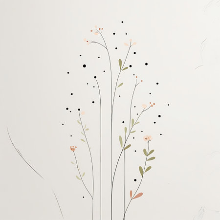 A minimalist illustration featuring tall, slender stems with small pink buds and scattered black dots. The composition is clean and organic, with a focus on delicate lines and subtle color. The artwork is set against a light, textured background, creating a gentle and visually appealing natural motif.の素材