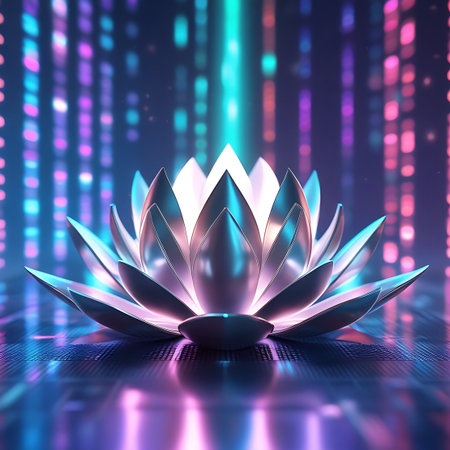A highly polished, metallic lotus flower with intricate petals glows brightly in the center of the image. It is illuminated by vibrant neon lights in shades of cyan, purple, and pink, which create streaks and bokeh effects against a dark, digital background resembling a circuit board.の素材