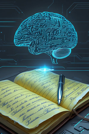 An open journal with yellowed pages filled with handwritten script lies on a dark, futuristic surface. A metallic pen rests on the pages. Above the journal, a stylized digital brain composed of glowing blue circuitry is depicted, symbolizing the intersection of human knowledge and artificial intelligence.の素材