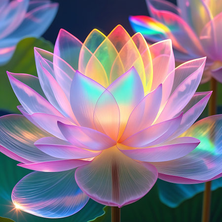 An extraordinary lotus flower displays a spectrum of iridescent rainbow colors across its translucent petals. It floats on water, with reflections and subtle light effects creating a magical and ethereal visual experience.の素材