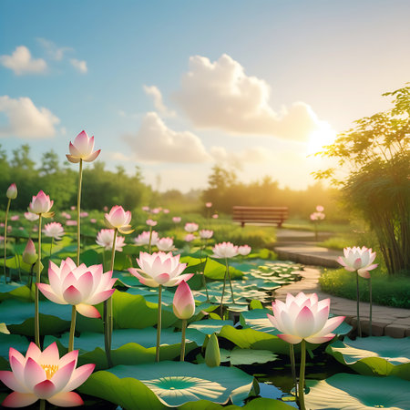 A serene pond filled with blooming pink and white lotus flowers and lush green lily pads is illuminated by the warm glow of sunset. A stone pathway with a wooden bench is visible in the background, leading through the greenery. The sky is a soft blue with scattered clouds, creating a peaceful atmosphere.の素材