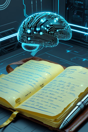 An open, aged notebook with yellowed pages covered in handwritten script is presented. A sleek pen rests on the right page. Above this scene, a luminous digital brain, rendered with intricate blue circuit lines, floats against a dark, technologically advanced background, representing the fusion of traditional learning and AI.の素材
