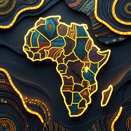 A visually captivating map of the African continent is presented, with each region filled with intricate and varied tribal patterns. A luminous golden neon line traces the outline of Africa and its internal borders. The background is a deep, dark textured material, adorned with abstract wavy forms and shimmering golden lights, offering an artistic and symbolic view of the continent.の素材