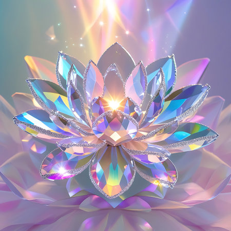 A detailed image of a crystal lotus flower with its petals catching and reflecting light. Soft, glowing rays of light emanate from the center, and subtle glitter particles add to the magical and ethereal atmosphere. The flower is composed of faceted, iridescent crystal, displaying a range of pastel colors. The background is soft and blurred, enhancing the focus on the luminous bloom.の素材