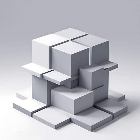 A minimalist 3D rendering of stacked white cubes arranged in an asymmetrical abstract composition. The geometric shapes are clean and sharp, with subtle shadows and lighting that highlight their form. This arrangement suggests a sense of balance and creative construction.の素材