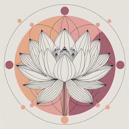 A stylized lotus flower, depicted with thin black outlines, is centrally placed within a geometric mandala. The mandala features concentric circles, arcs, and small dots in shades of pink, peach, and beige against a light background. The overall design is clean, symmetrical, and evokes a sense of calm and spirituality.の素材