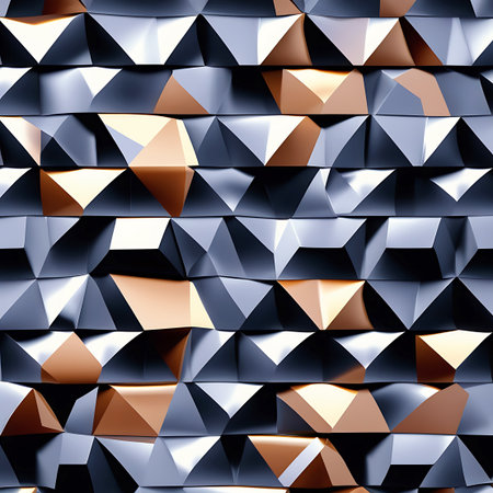 A textured 3D geometric surface made up of angular facets with a metallic sheen. The surface alternates between cool grey and warm copper tones, creating a visually striking contrast. Light and shadow play across the facets, giving it depth and a polished appearance.の素材