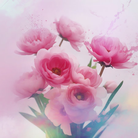 A close-up composition of vibrant pink peonies with lush, layered petals. Artistic splashes of pink and blue watercolor paint are integrated into the image, creating a dreamy and ethereal effect. The flowers are arranged in a soft bouquet, with hints of green leaves visible.の素材
