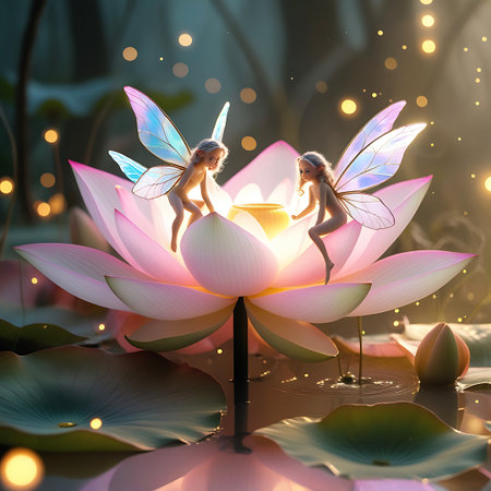 Two delicate, winged fairies with blonde hair are perched on the luminous petals of a large, blooming pink lotus flower. The fairies, with translucent, iridescent wings, are bathed in a soft, warm light that emanates from the flower's center. The scene is set over water, with reflections visible, and surrounded by soft bokeh lights and hints of lotus leaves and buds, creating a magical and enchanting atmosphere.の素材