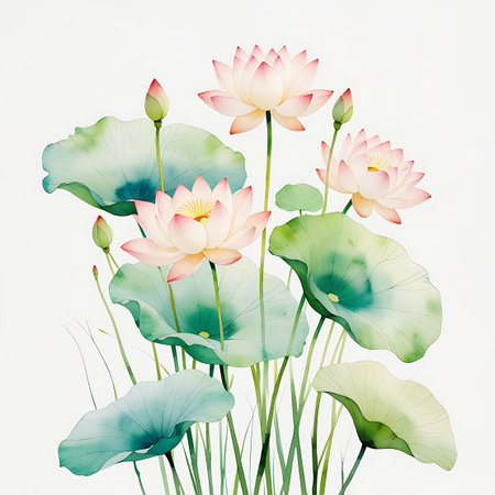 A watercolor illustration showcasing a cluster of lotus flowers and their distinctive leaves. The blossoms are primarily white with subtle pink accents on the petal tips and yellow centers. The large, veined green lily pads and thin stems create a naturalistic and flowing composition against the stark white background.の素材