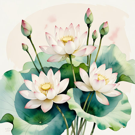 A tranquil watercolor painting showcasing an arrangement of three fully bloomed lotus flowers and several buds. The flowers are predominantly white with soft pink accents on their petals and yellow centers. They are interspersed with large, deep green lily pads and slender stems. The overall impression is one of natural beauty and peacefulness, rendered with soft brushstrokes on a light, textured background.の素材
