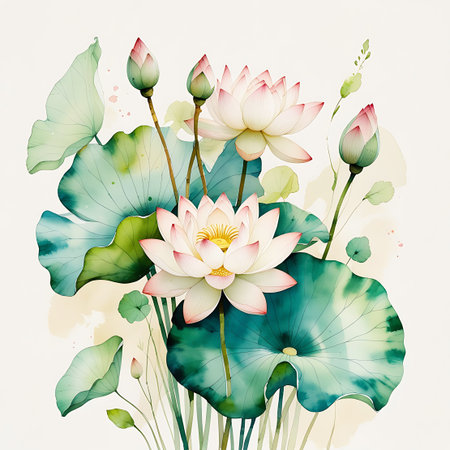 A beautiful watercolor painting featuring a cluster of lotus flowers and their large, lush green lily pads. The lotus blooms are a delicate blend of white and soft pink, with vibrant yellow centers. Several buds are also visible, adding to the sense of growth and life. The artwork has a soft, airy feel with a light background, highlighting the graceful forms of the aquatic plants.の素材