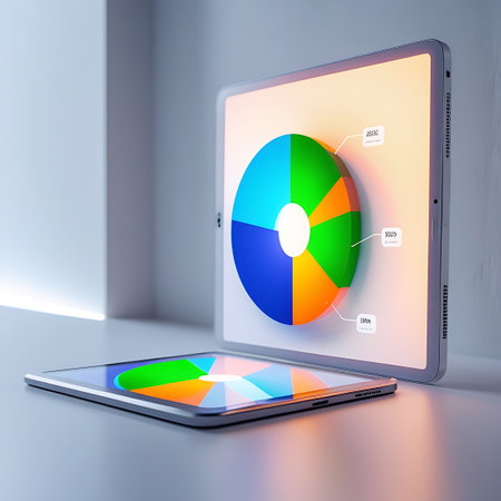 Two tablet devices are shown in a clean, modern setting. The tablet in the foreground is angled, displaying a flat, colorful pie chart with blue, orange, and green segments. Behind it, another tablet is positioned upright, its screen showcasing a prominent 3D pie chart with similar colorations. This screen also features additional data points and numerical figures, suggesting a comprehensive data visualization and analysis tool. The lighting is soft and diffused, highlighting the sleek...の素材