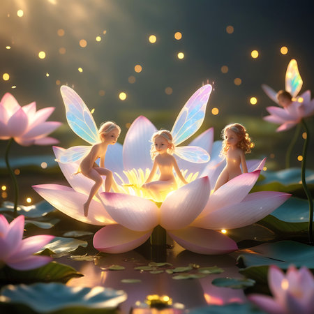Three small, nude figures with translucent, iridescent wings are seated on the petals of a large, blooming lotus flower. The flower is a soft pink and white, with a bright yellow glow emanating from its center. The scene is set on a body of water with lily pads, and the background is a dark, blurred forest with numerous golden bokeh lights.の素材