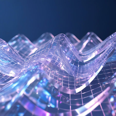 An abstract, wavy surface composed of a shimmering, translucent grid of geometric crystal-like squares. The surface undulates and flows, catching and refracting light to create a spectrum of iridescent colors, including blues, purples, and pinks. The intricate grid pattern is clearly visible, with sharp lines and smooth curves. The overall effect is ethereal, delicate, and luminous, suggesting a futuristic or scientific concept.の素材