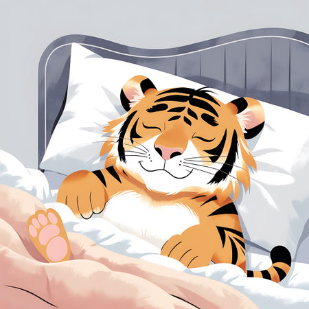 A heartwarming cartoon illustration of a tiger cub sleeping deeply in a bed. The cub is tucked under a white blanket, resting its head on a white pillow. A human hand gently rests near the cub's paw, suggesting care and comfort. The tiger cub's eyes are closed, and it has a serene expression.の素材