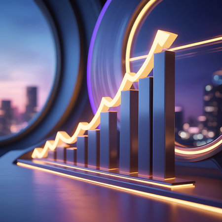A 3D bar graph displays a series of dark grey bars of increasing height, representing growth. A bright yellow arrow curves upwards from the top of the bars, signifying a positive trend and success. The graph is positioned on a sleek, reflective surface with orange and blue neon accents. In the background, a blurred cityscape with illuminated buildings suggests a metropolitan setting. The overall aesthetic is modern and futuristic with vibrant lighting.の素材