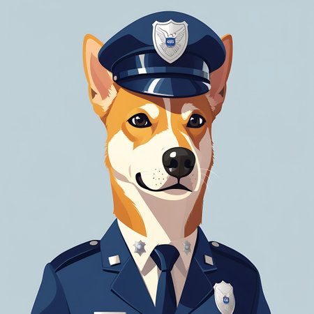 An anthropomorphic dog, resembling a Shiba Inu, is depicted wearing a police uniform and hat. The dog has a friendly expression and is looking directly at the viewer. The uniform is dark blue with insignia on the hat and chest, a tie, and epaulets. The background is a solid, light blue color, focusing attention on the character.の素材