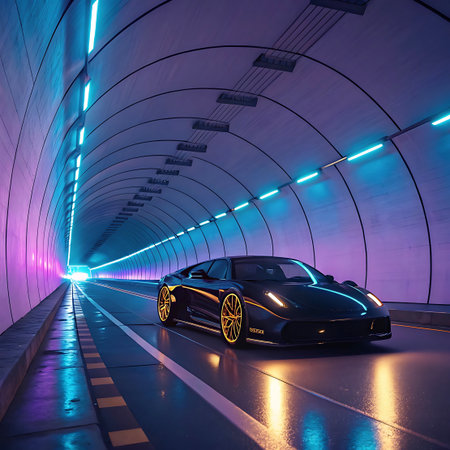 A sleek black sports car speeds through a futuristic tunnel illuminated by vibrant neon lights in shades of purple, blue, and yellow. The car's headlights and yellow accents on its wheels glow. The wet asphalt road reflects the colorful tunnel lights, creating a dynamic and atmospheric scene.の素材