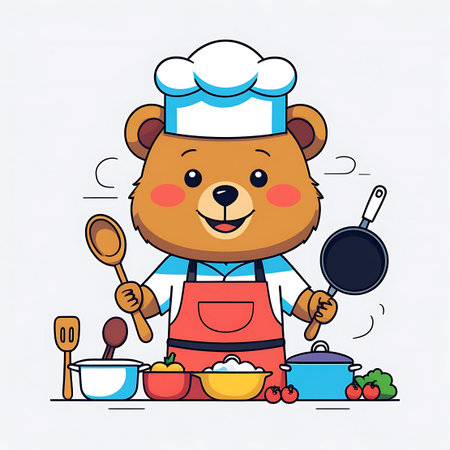 A cheerful cartoon bear dressed as a chef, wearing a white chef hat and a red apron, stands in a kitchen setting. The bear holds a wooden spoon in its left hand and a frying pan in its right. In front of the bear are various cooking ingredients and utensils, including bowls of food, a cooking pot, tomatoes, and spatulas, all rendered in a vibrant, flat design style.の素材