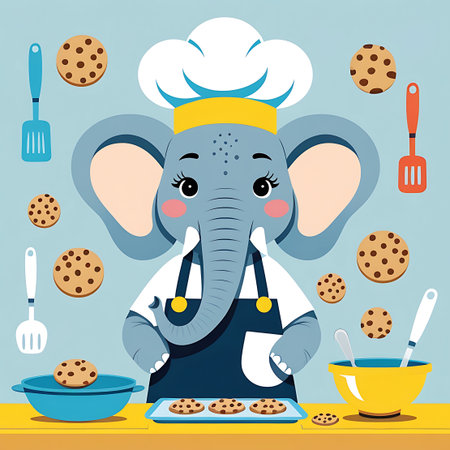 A charming cartoon illustration of a friendly elephant wearing a chef's hat and apron, standing in a kitchen setting. The elephant is surrounded by chocolate chip cookies, baking sheets, bowls, and various kitchen utensils like spatulas and whisks, suggesting a baking activity. The background is a light blue color, and the overall scene is bright and cheerful, evoking a sense of fun and creativity in the kitchen.の素材