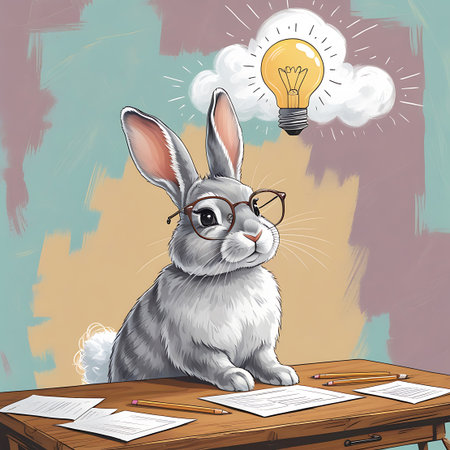 A grey cartoon rabbit with large ears and round glasses sits at a wooden desk, looking thoughtfully to the side. Papers and pencils are laid out on the desk. A cloud containing a glowing yellow lightbulb is depicted above its head, representing an idea. The background has a textured, abstract design in muted colors.の素材